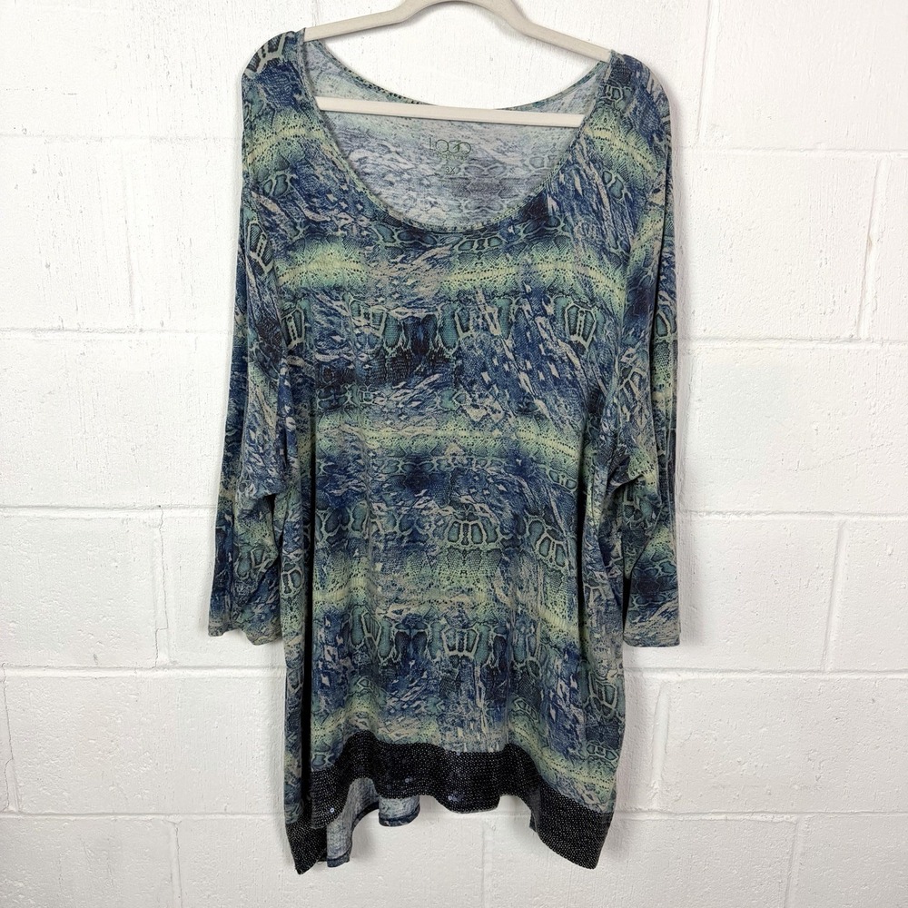 Logo Instant Chic Women's Tunic Blue Snake Skin Print Sequins Artsy Colorful 3X